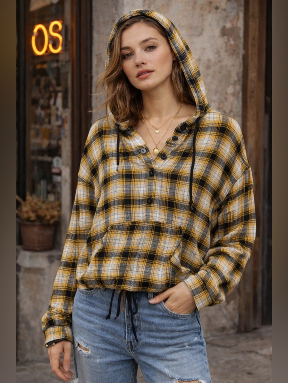 Urban Outfitters Plaid Hooded Flannel Popover Size XS Yellow Black Cropped Boho